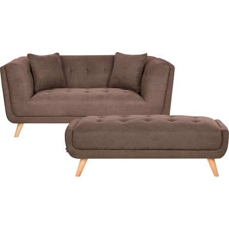 Canapé avec Pouf Retro en Tissu 2 Places Pieds en Bois Coussins Décoratifs Marron Foncé Habo (1/5)