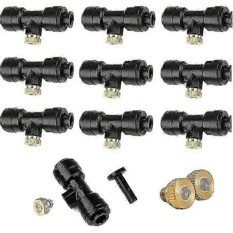 1/4"-Sprühdüsen-Set mit Verriegelung: 12 Messing-Sprühdüsen (0,3 mm, 10/24 UNC) + 10 T-Stücke + 1 Endkappe. Sprühdüsen für Terrassen-Sprühsysteme.