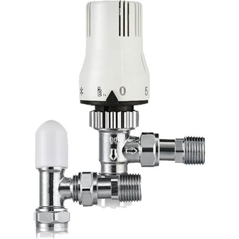 Value Angled Thermostatic Radiator Valve and Lockshield - 15mm - White/Chrome (1/2)