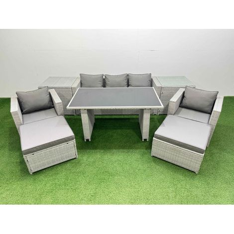 Fimous Patio Garden Furniture Sets with Black Glass Top Dining Table Armchair 3 Seater Sofa 2 Side Tables 2 Big Stool Light Grey (1/4)