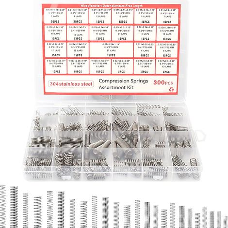 300 Druckfedern – Edelstahl 304 – Sortiment (23 Größen) – Für Heimwerker und Autoreparaturen – Silber (1/5)