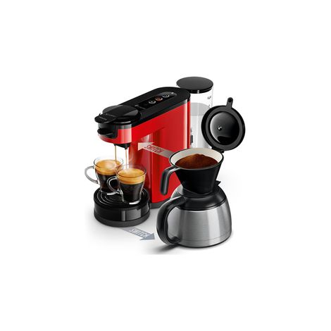 Philips – Cafetière à dosettes 7 tasses – Technologie 2 en 1 – Verseuse isotherme inox – Sélecteur d'intensité – CREMA PLUS – Rouge (1/7)
