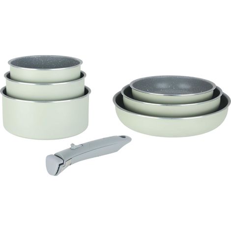 Batterie Cuisine 7 Pièces Vert Sauge Revêtement Céramique Sans PFAS 3 Poêles Ø20/24/28 + 3 Casseroles Ø16/18/20 + Manche Amovible Tous Feux dont Induction (1/5)