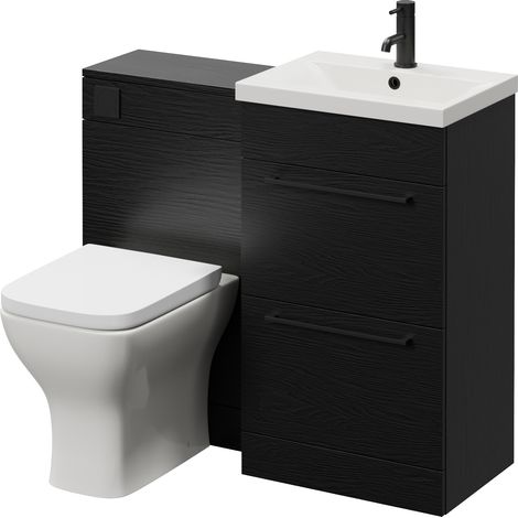 Napoli 390 Nero Oak 1000mm 2 Drawer Vanity Unit Toilet Suite with Glide Basin - 1000mm - Matt Black 320mm HandleWith Kingston Toilet Pan and Seat