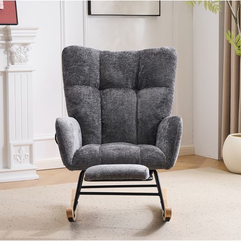 Sillón mecedora con respaldo alto, reposapiés y tejido chenilla gris oscuro HAVRYA (1/5)