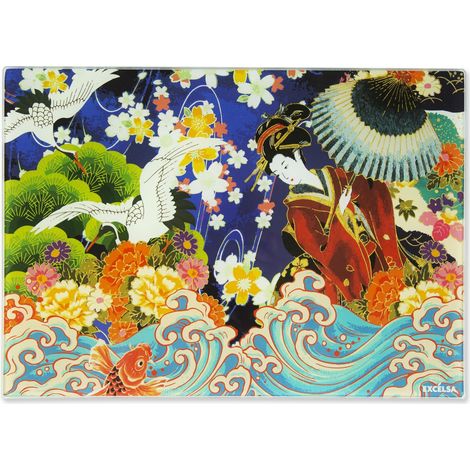 Excelsa Kimono Tagliere in Vetro Decorato, Stile Orientale, 25x35 cm, Multicolore, con Base Antiscivolo (1/3)