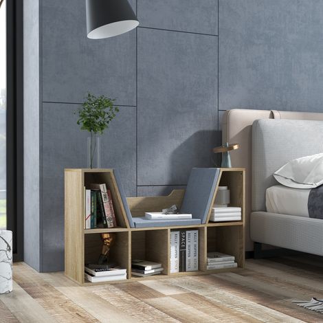 Librería con Asiento Estantería de Libros con 6 Cubos Cojín para Sala de Estar Dormitorio 102x30x61cm Roble y Gris (1/5)