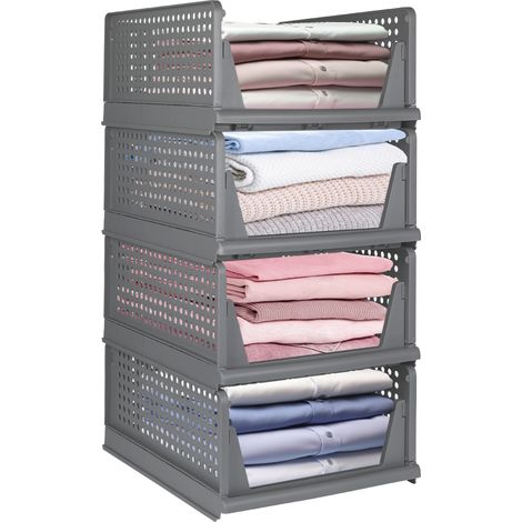 Haloyo® Set di 4 scatole portaoggetti pieghevoli, cestino portaoggetti e organizer per cassetti in plastica impilabile, 33,5x43x72 cm, grigio (1/5)
