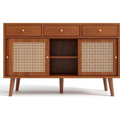 Sideboard mit 3 Schubladen und 3 Schiebetüren, Rattanfronten, Verstellbare Einlegeböden, MDF, 120×40×78 cm, Nussbaum (1/5)