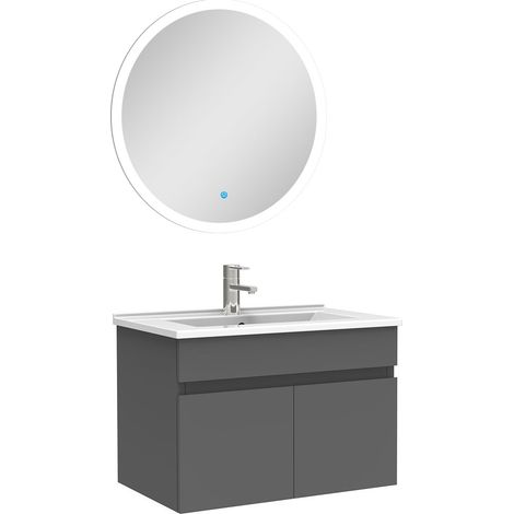 Ensemble meubles Salle de Bain simple vasque 60cm + miroir rond lumineux Anthracite