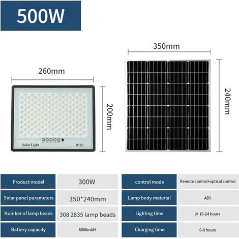 (308 LED 500 W) Lampes solaires 500 W pour jardin extérieur, réflecteur LED, abris de jardin, éclairage solaire, étanche IP67, projecteur, éclairage de secours, appliques murales (1/5)