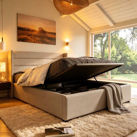 Letto contenitore 160x200 cm beige, letto matrimoniale idraulico con testiera imbottita a 3 pannelli, rete a doghe