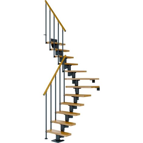 Dolle Mittelholmtreppe Dublin 1/4 gewendelt aus Eiche lackiert 71 cm breit für GH 259–315 cm UK Metall Anthrazit mit Einzelstabgeländer