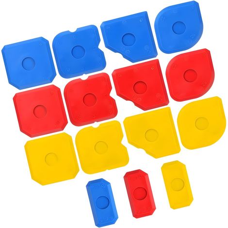 Ensemble complet de 15 outils de finition pour joints et calfeutrages en rouge, bleu, jaune - Kit de finition pour réparation domestique - Équipement de lissage de calfeutrage (1/5)