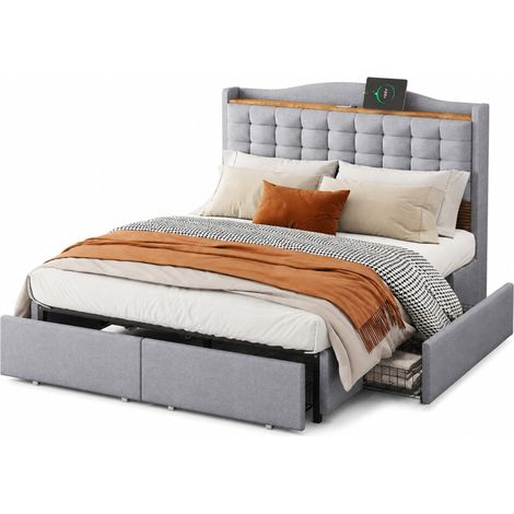 Lit double 140x200 cm capitonné en tissu gris avec tête de lit USB, tablette pratique, 4 tiroirs de rangement, sommier inclus, style moderne - CHICFURN (1/5)