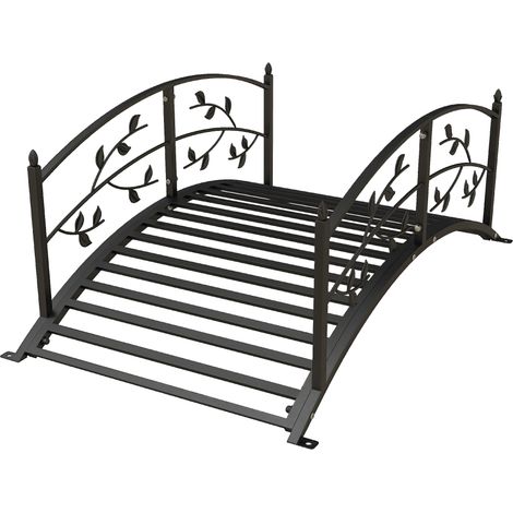 Schwarze Stahl-Gartenbrücke mit Weinrebenmotiv-Geländer, 119x67x47 cm, Dekoration für Teiche und den Außenbereich.