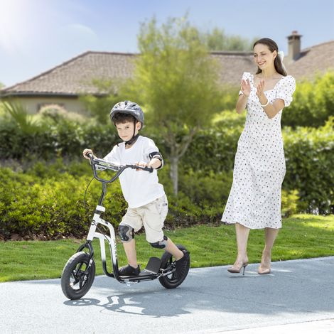 Kinderroller mit verstellbarem Lenker, große Räder, Parkständer, Handbremse, für Kinder im Alter von 5-12 Jahren, Weiß (1/4)