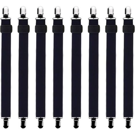 Set mit 8 verstellbaren Spannbettlaken-Spannern, geeignet für alle Arten von Betten und Matratzen, schwarz. (1/4)