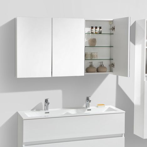 Stano. – Armoire de toilette suspendue 120 cm – 3 portes – 9 étagères en verre – Panneau de particules blanc laqué – Installation murale facile (1/5)