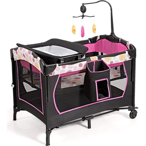 COSTWAY Cuna de Viaje Plegable para Bebé Cambiador Parque Infantil Cuna con 3 Juguetes, Colchón Caja de Música y Bolsa de Transporte (1/5)