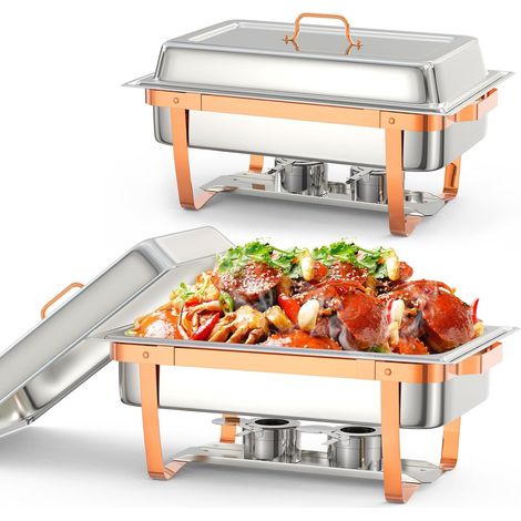 Ensemble Chauffe-Plats En Acier Inoxydable Deux Pièces De 9 Litres, Avec Couvercle Et Support De Couvercle, Comprenant Une Cuillère Et Une Pince(Or Rose) (1/5)