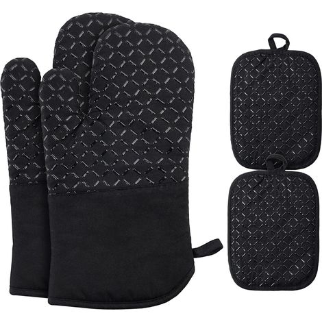 Set of 4 heat-resistant, non-slip oven mitts, made of soft cotton, for cooking (30 cm, black) (1/5)