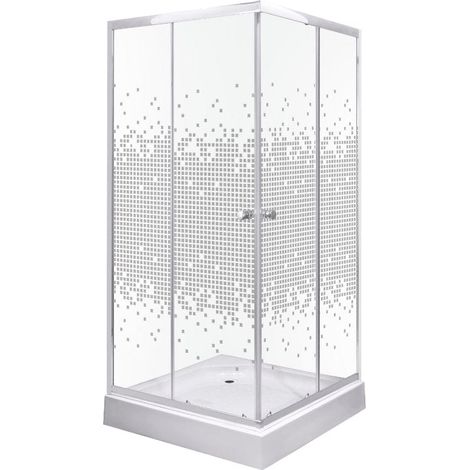 Pack paroi de douche + receveur PIXEL SQ WH 2 portes coulissantes et 2 verres fixes sérigraphiés profilé chromé 80 x 80 cm