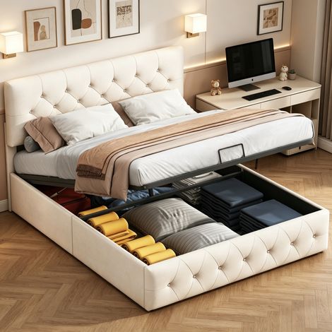 Lit coffre 140×200cm, lit capitonné avec espace de rangement, lit double avec Tête de lit rembourré ,cadre à lattes, lit adults, lit ados,tissu velours, beige (1/5)
