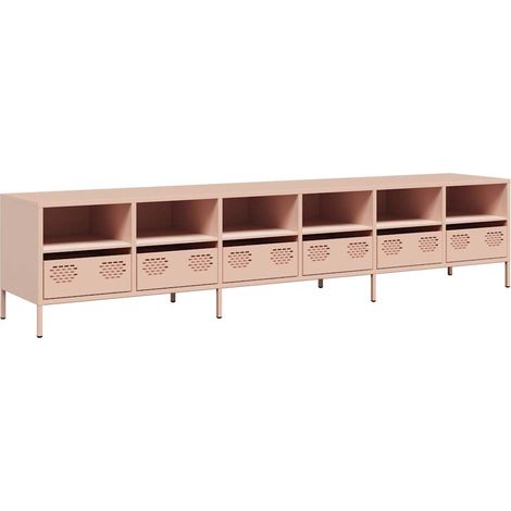 Meuble TV rose rangement moderne 202 x 39 x 43 cm grand espace de rangement pour salon en acier laminé à froid