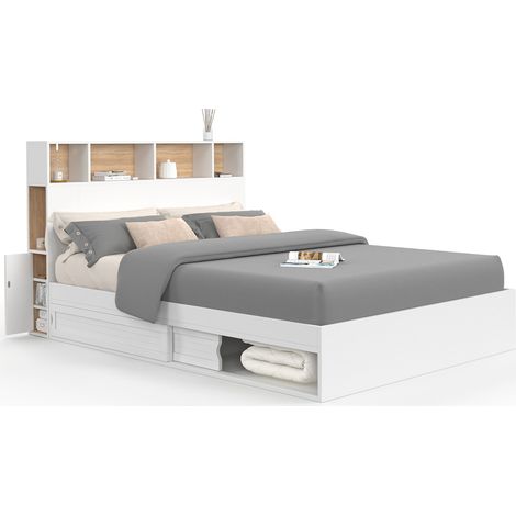 Idmarket – Lit double CLEM 140 x 190 cm – Tête de lit avec niches – Rangements coulissants – Structure en panneaux de particules – Coloris blanc et bois