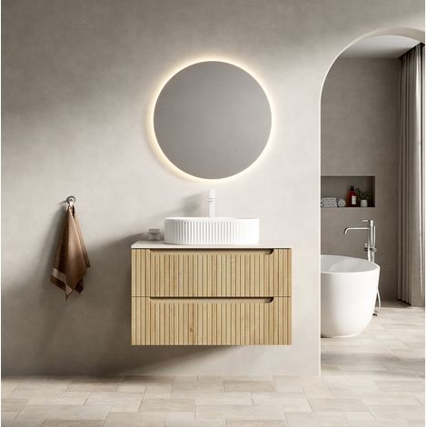 Mueble de baño suspendido de 80 cm con lavabo ovalado blanco y encimera de piedra sinterizada (1/5)