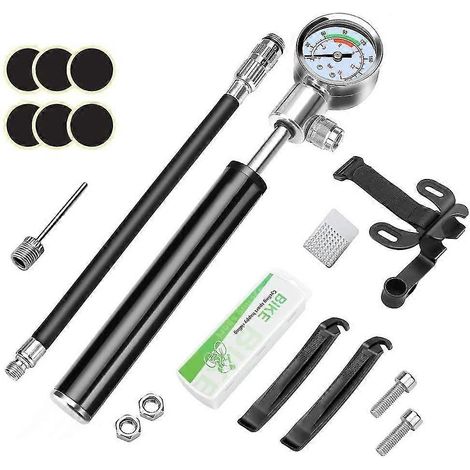 Kit de réparation de pneus et mini-pompe à vélo avec manomètre haute pression 210 psi, outil de réparation de vélo - 2 démonte-pneus, 6 rustines d'urgence et râpe métallique (1/5)