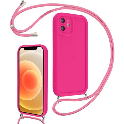Coque pour iPhone 12 6,1" avec Cordon de Collier Réglable, Etui Protection de la Caméra Silicone Souple TPU Antichoc Housse avec Corde Lanyard Cover pour Femmes Filles, Rose Rouge (1/5)
