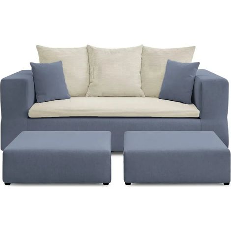 AMBRE - Canapé droit convertible bi matière avec deux poufs 4 places Bleu (1/5)