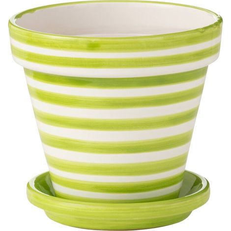 Cache pot en poterie rayé vert peint main - vert et blanc rayé (1/3)