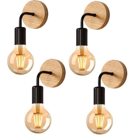 Set of 4 retro black wall lights – Iron and solid wood – E27 socket – 220V AC voltage – Easy installation for living room and bedroom (1/5)