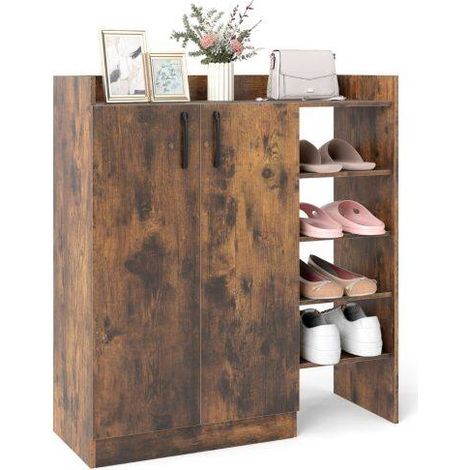 Meuble à chaussures marron rustique à 2 portes avec 2 étagères réglables et 4 niches ouvertes pour entrée, dressing et salon (1/5)