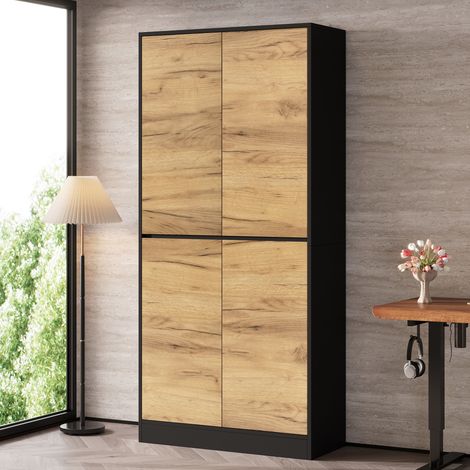 Armoire de Bureau Haute 80x35x180 cm, Meuble de Rangement Multifonction Noir et Aspect Chêne avec Étagères Réglables pour Salon et Couloir (1/5)