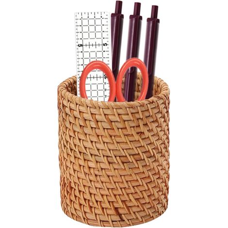 Porte-stylo en rotin - Idéal pour le bureau, la maison, l'école et le bureau. Rangement pour fournitures scolaires, baguettes, fourchettes et cuillères. Rangement pour la vaisselle. Multifonctionnel, (1/5)