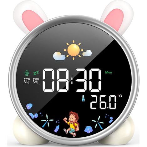 Horloge-réveil pour enfants - Réveil à lumière pour garçons et filles, alimentation par batterie, entraîneur de sommeil avec veilleuse, minuterie décompte, 3 niveaux de luminosité, lumière colorée