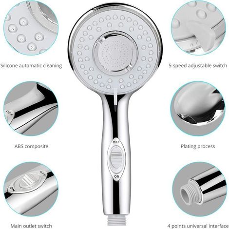 UlisemPommeau Douche, Universel Pommeau de Douche Haute Pression, 5 Modes Economiseur d'eau et Bouton de l'interrupteur Douchette Pommeau Douche pour Le Bain et Le Spa-Acier Inoxydable (1/4)
