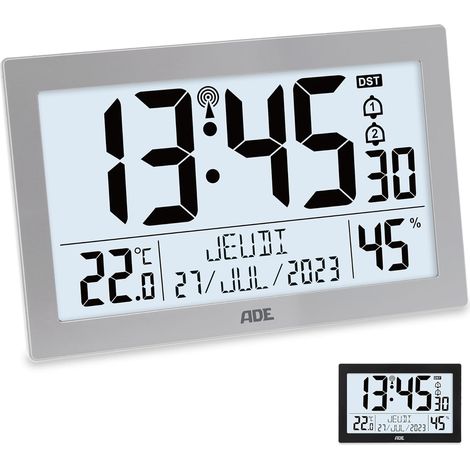 Horloge Murale Numérique Radio Pilotée - 1 Unité - Plastique ABS Argenté - Écran XL avec Thermomètre et Hygromètre - Salon Cuisine Chambre Personnes Âgées - 22,5 x 14,5 cm (1/5)
