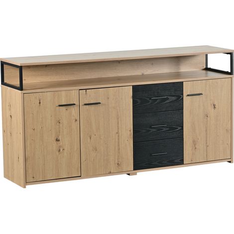 Buffet noir et bois 3 portes 3 tiroirs, meuble de rangement 150 cm au style industriel avec étagère ouverte et poignées métalliques (1/5)