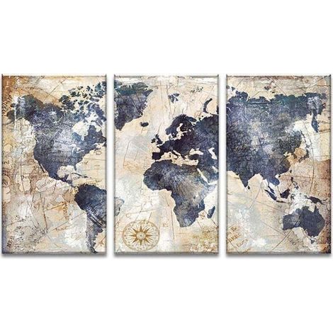 Impression sur toile intissee Carte du monde tableau 3 parties tableaux decoration murale photo 3060 CM (1/5)