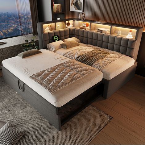 Cama con cama nido 90x200 cm, LED, altavoz Bluetooth, USB y Type-C, gris HAVRYA (1/5)
