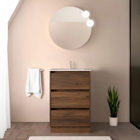 Mobile bagno a terra 60 cm noce maya con specchio e lavabo Gaya (1/5)