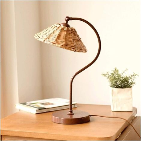 Lampe de table style japonais Abat-jour en rotin littéraire, Lampe LED en fer forgé pour chambre à coucher