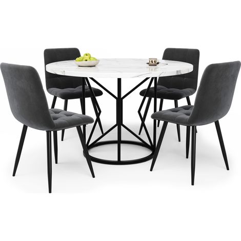 Ensemble table à manger 5 pièces, ensemble table à manger avec 4 chaises, ensemble pour cuisine, table ronde de 100 cm de diamètre, plateau MDF blanc, chaise de salle à manger en velours gris (1/5)