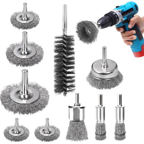 10 Pièces Brosse Metallique pour Perceuse, Brosse Laiton pour Perceuse Queue de 6mm pour éliminer la Rouille, Décaper la Peinture, Nettoyer le Métal et le Bois (Argent) (1/5)