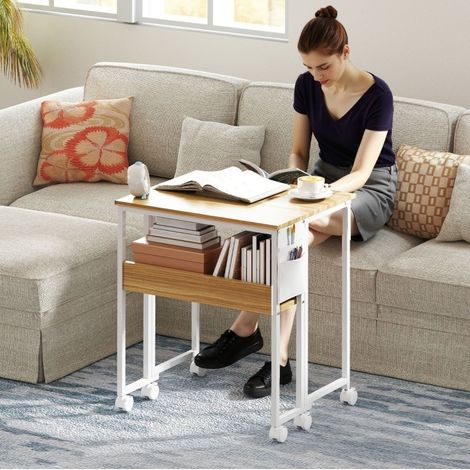 Bureau pliable 63 cm avec roulettes, étagère et poche de rangement, table informatique gain de place effet bois naturel (1/5)